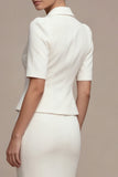 Vestido largo de negocios blanco de dos piezas, solapa muescada y solapa con pecho simple y bolsillos