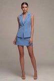 Vestido de negocios corto azul acero de dos piezas con solapa muescada y corte ajustado