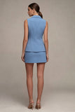 Vestido de negocios corto azul acero de dos piezas con solapa muescada y corte ajustado