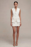 Vestido de negocios blanco corto, de dos piezas, solapa muesca, ajustado y pecho simple