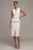 Vestido de negocios blanco midi de dos piezas con solapa muescada y una sola cruzada