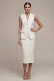 Vestido de negocios blanco midi de dos piezas con solapa muescada y pecho simple con abertura trasera