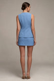 Vestido de negocios azul acero de dos piezas, cuello redondo, corto, pecho simple