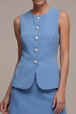 Vestido de negocios azul acero de dos piezas, cuello redondo, corto, pecho simple