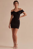 Vestido negro de satén bodycon de hombro frío