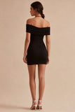 Vestido negro de satén bodycon de hombro frío