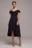 Vestido negro A de hombro frío con volantes