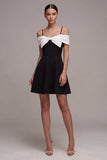 Vestido de cóctel en línea A con hombro frío en blanco y negro con lazo