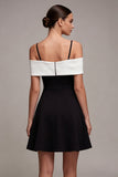 Vestido de cóctel en línea A con hombro frío en blanco y negro con lazo