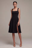 Vestido formal Midi de cuello cuadrado negro A Line con abertura