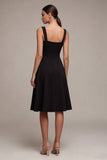 Vestido formal Midi de cuello cuadrado negro A Line con abertura