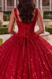 Vestido de corsé de gala de lentejuelas rojas de Quinceañera