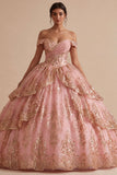 Vestido de baile rosa con volantes descubiertos con hombros descubiertos