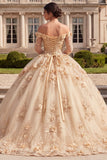 Vestido de Quinceañera con corsé champán y hombros descubiertos con flores 3D