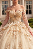 Vestido de Quinceañera con corsé champán y hombros descubiertos con flores 3D