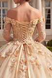 Vestido de Quinceañera con corsé champán y hombros descubiertos con flores 3D