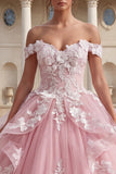 vestido de baile rosa con volantes con volantes con hombros descubiertos