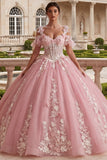 Vestido de baile rosa de hombros fríos con aplicada Quinceañera