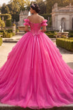 Vestido de baile fucsia con cuentas y hombros descubiertos vestido de quinceañera