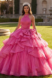 Vestido de gala Quinceañera con volantes fucsia con lazos