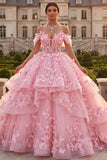 Vestido de Quinceañera Rosa con Volantes y Aplicada con Hombros Descubiertos