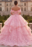 Vestido de Quinceañera Rosa con Volantes y Aplicada con Hombros Descubiertos