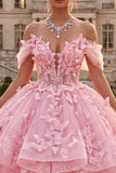 Vestido de Quinceañera Rosa con Volantes y Aplicada con Hombros Descubiertos