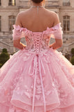 Vestido de Quinceañera Rosa con Volantes y Aplicada con Hombros Descubiertos