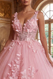 Vestido rosa de corte en V con vestido de gala con aplicaciones de quinceañera