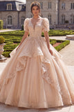 Vestido de baile de quinceañera con escote en V y escote en V con aplicaciones y manga corta