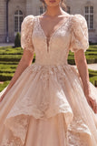 Vestido de baile de quinceañera con escote en V y escote en V con aplicaciones y manga corta