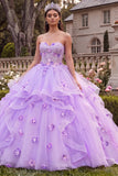 Vestido de baile lila sin tirantes con volantes y flores 3D