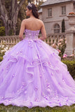 Vestido de baile lila sin tirantes con volantes y flores 3D