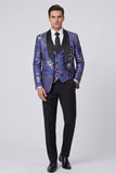 Trajes de boda de hombre de solapa azul con chalel azul de 3 piezas y un botón
