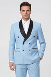 Trajes de baile de hombre de dos piezas azul claro con solapa chalada de dos piezas y cruzado