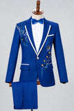 Trajes de baile azules de solapa con cuentas y muesca de un solo botón
