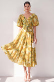 Vestido midi floral midi amarillo A-Line con escote en V y mangas abullonadas