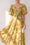Vestido midi floral midi amarillo A-Line con escote en V y mangas abullonadas