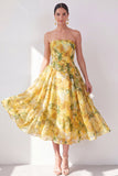 Vestido midi floral midi estampado en amarillo sin tirantes amarillo A