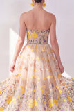Vestido Midi floral bordado de tul sin tirantes de albaricoque