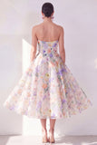 Vestido Midi de chiffon sin tirantes de flor blanca morada A-Line