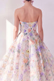 Vestido Midi de chiffon sin tirantes de flor blanca morada A-Line