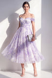 Vestido midi con flores midi de línea en forma de hombros descubiertos y lila