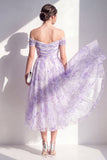 Vestido midi con flores midi de línea en forma de hombros descubiertos y lila
