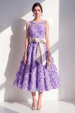Vestido midi floral midi azul de cuello redondo con lazo