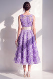 Vestido midi floral midi azul de cuello redondo con lazo