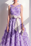 Vestido midi floral midi azul de cuello redondo con lazo