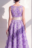 Vestido midi floral midi azul de cuello redondo con lazo