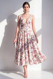 Vestido midi florido en línea en V con escote en V y fruncido