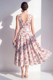 Vestido midi florido en línea en V con escote en V y fruncido